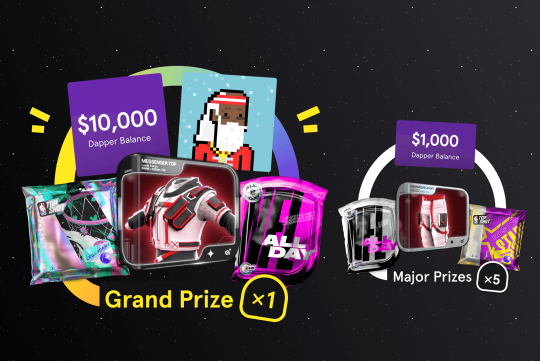 hellodapper's tweet card. The Dapper Holiday Giveaway is on! Enter for your chance to win $10,000 in Dapper Balance, a NBA Top Shot Legendary pack, a NFL ALL DAY Premium pack, Genies wearables, Ballerz, and more!