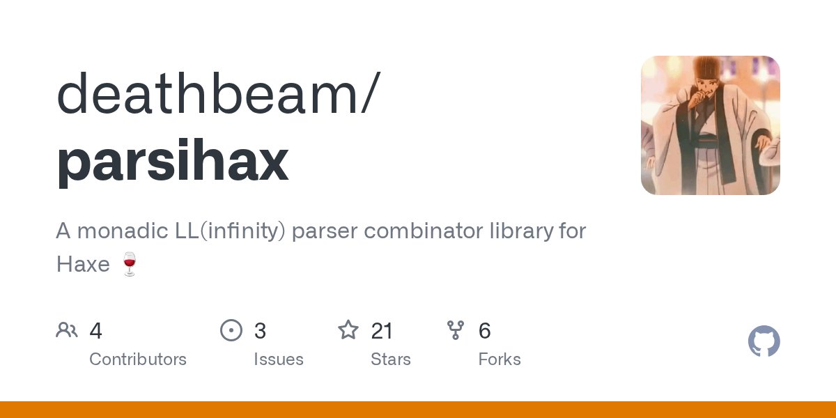 oss_haxe's tweet card. A monadic LL(infinity) parser combinator library for Haxe :wine_glass: - deathbeam/parsihax