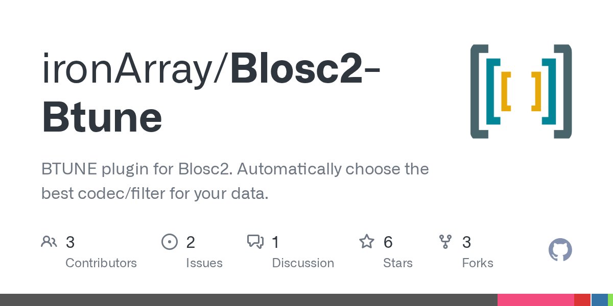 Blosc2's tweet card. BTUNE plugin for Blosc2. Automatically choose the best codec/filter for your data. - ironArray/Blosc2-Btune