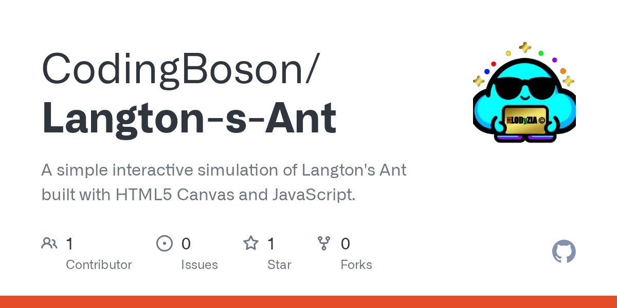 CodingBoson's tweet card. A simple interactive simulation of Langton's Ant built with HTML5 Canvas and JavaScript. - CodingBoson/Langton-s-Ant