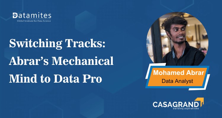DataMites's tweet card. Discover how Mohamed Abrar, a mechanical engineer turned Data Analyst, successfully transitioned into the data domain with DataMites. Learn about his journey, key tools, interview tips, and valuable...