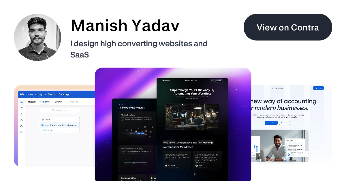 manishdesign_ai's tweet card. View Manish Yadav's Profile on Contra, the Independent-first, commission-free freelance marketplace shaping the future of work. Hire a freelancer today!