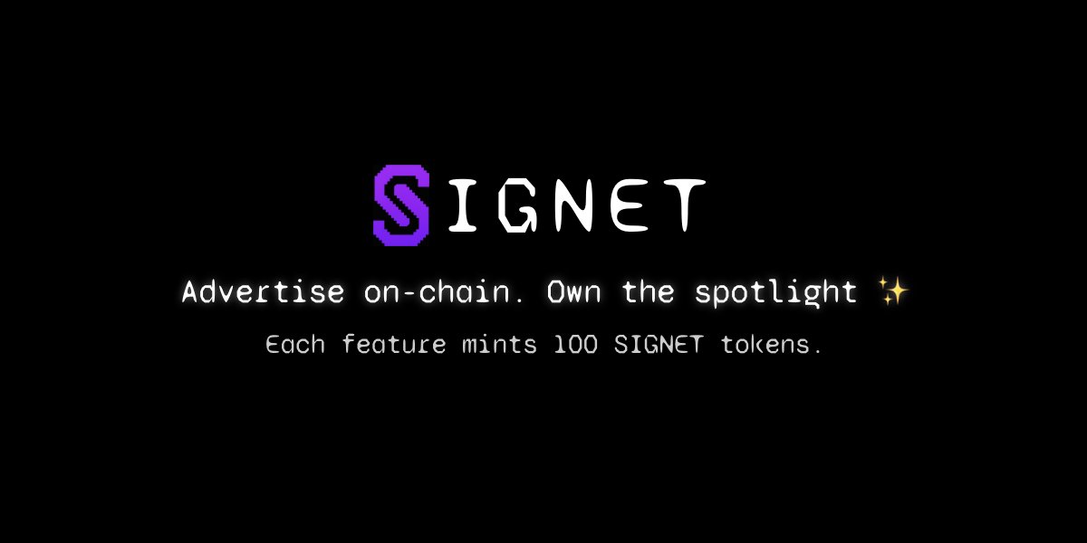 fcfsproject's tweet card. Feature your content on the on-chain spotlight. Each feature mints 100 SIGNET tokens. Built on Base with HUNT tokens.