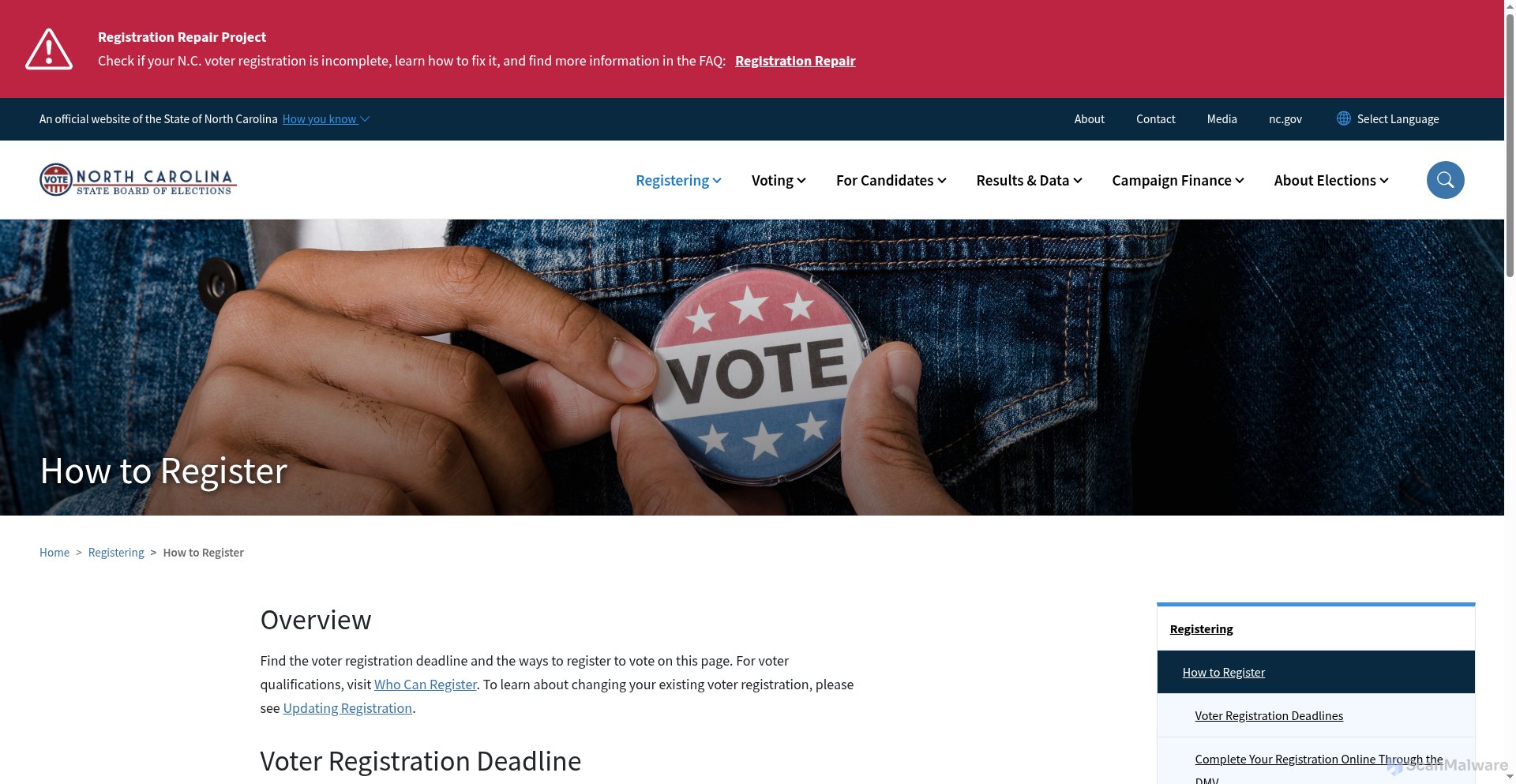 scanmalware's tweet card. ✅ Low Risk - https://www.ncsbe.gov/registering/how-register