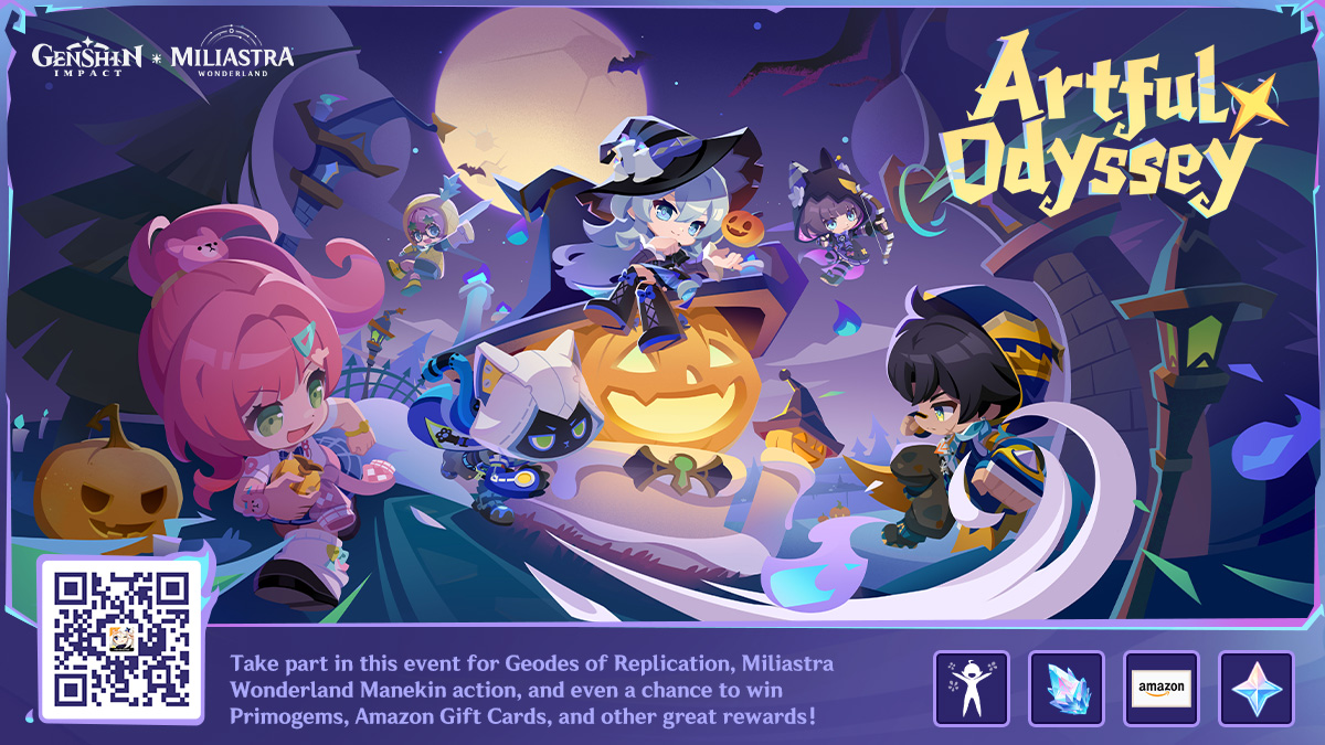 kaixyzk's tweet card. Take part in this event for Primogems, Miliastra Wonderland Manekin actions, and even a chance to win Amazon Gift Cards and other great rewards!