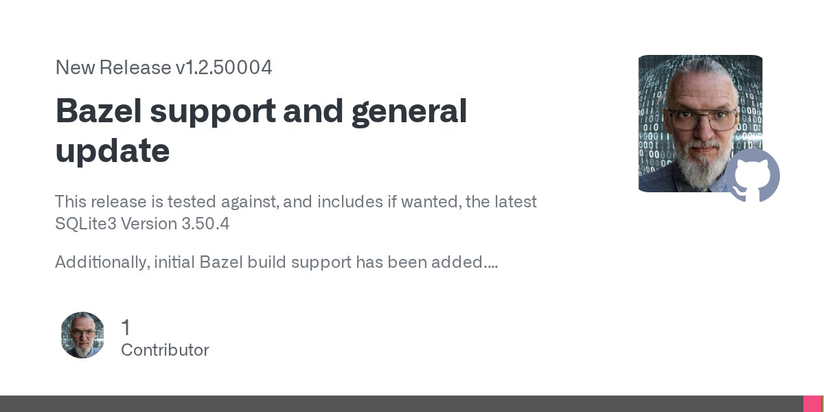 SwedenCpp's tweet card. This release is tested against, and includes if wanted, the latest SQLite3 Version 3.50.4 Additionally, initial Bazel build support has been added. What's Changed Bazel support by @a4z in #20 ...