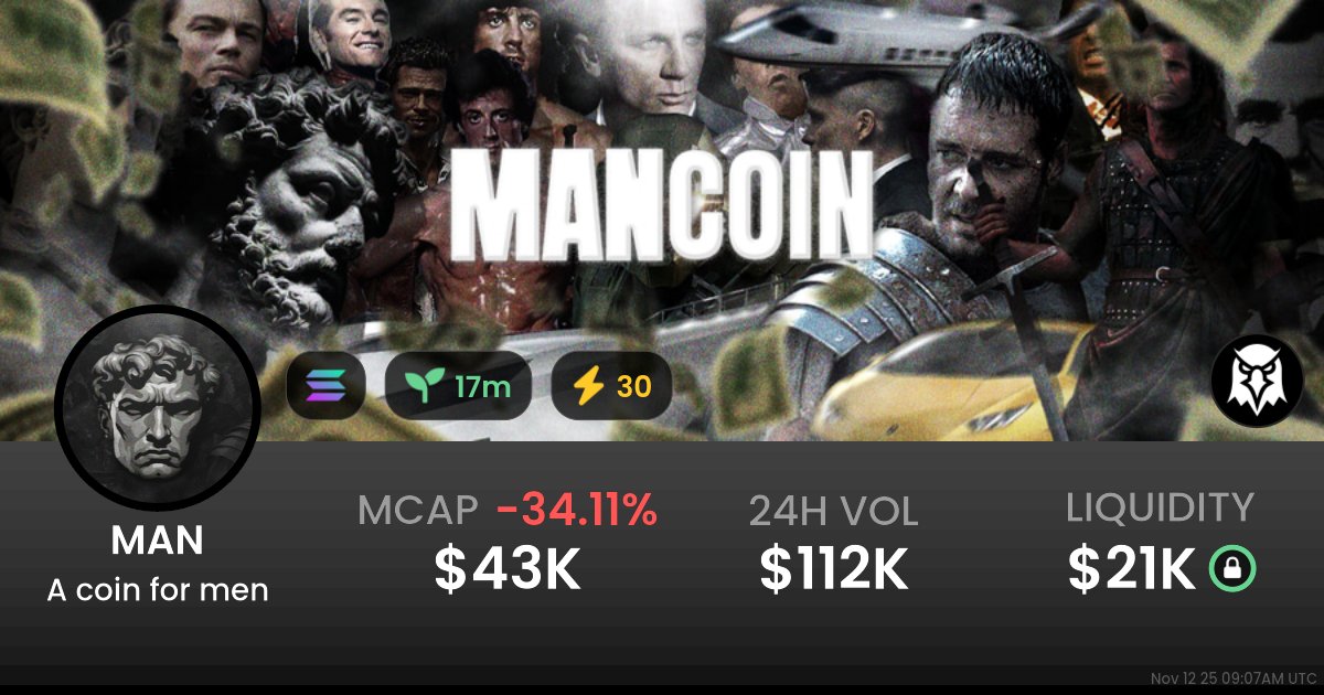 ForrestPumps's tweet card. $0.00004308 A coin for men (MAN) realtime price charts, trading history and info - MAN / SOL on Solana / PumpSwap