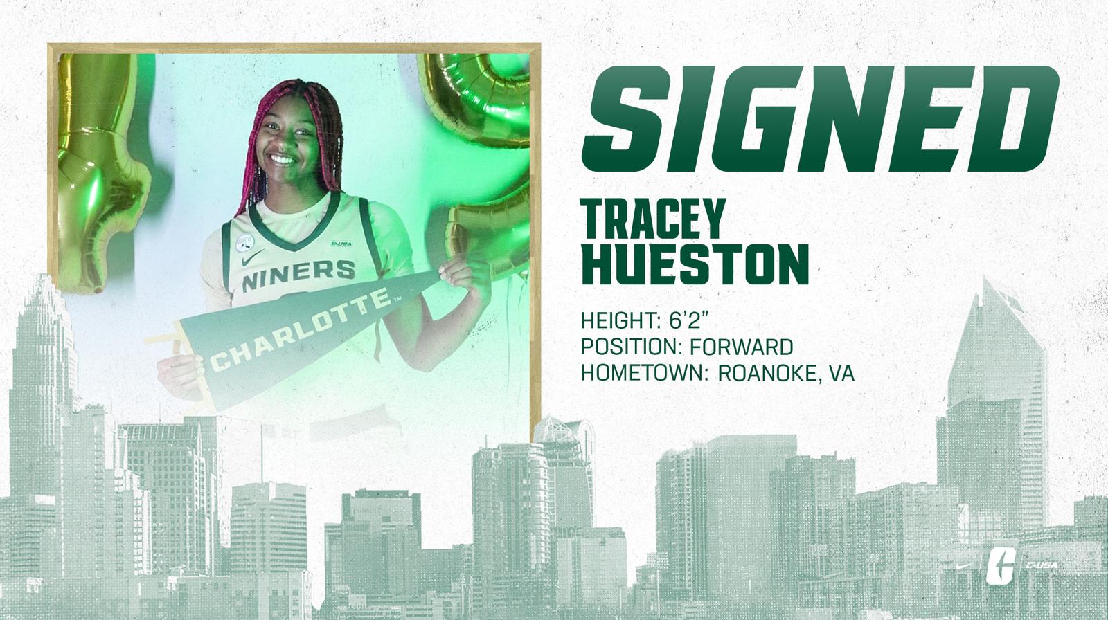 CharlotteWBB's tweet card. CHARLOTTE, N.C. – Charlotte women's basketball adds more depth at the forward position by signing Tracey Hueston, a Pitt transfer from the ACC, to the 2022-2...