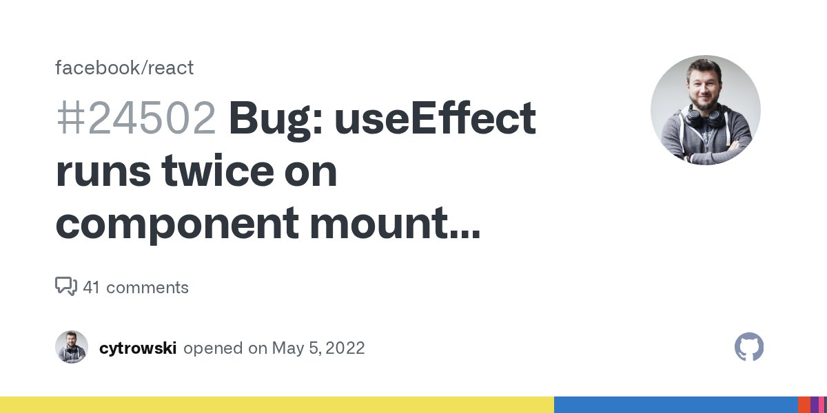 daniyelh's tweet card. React version: 18.0.x, 18.1.x, 18.2.x Steps To Reproduce Visit provided sandbox Open console and observe logs displayed twice. Click the button and observe the rendering log happens twice, the effe...