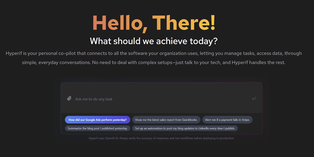 ralphwjz's tweet card. Hyperif is your AI assistant that connects to all your apps and lets you analyze, summarize, and act on data — from one interface. No MCPs. No coding. No servers. Just connect and go. [EARLY PREVIEW]