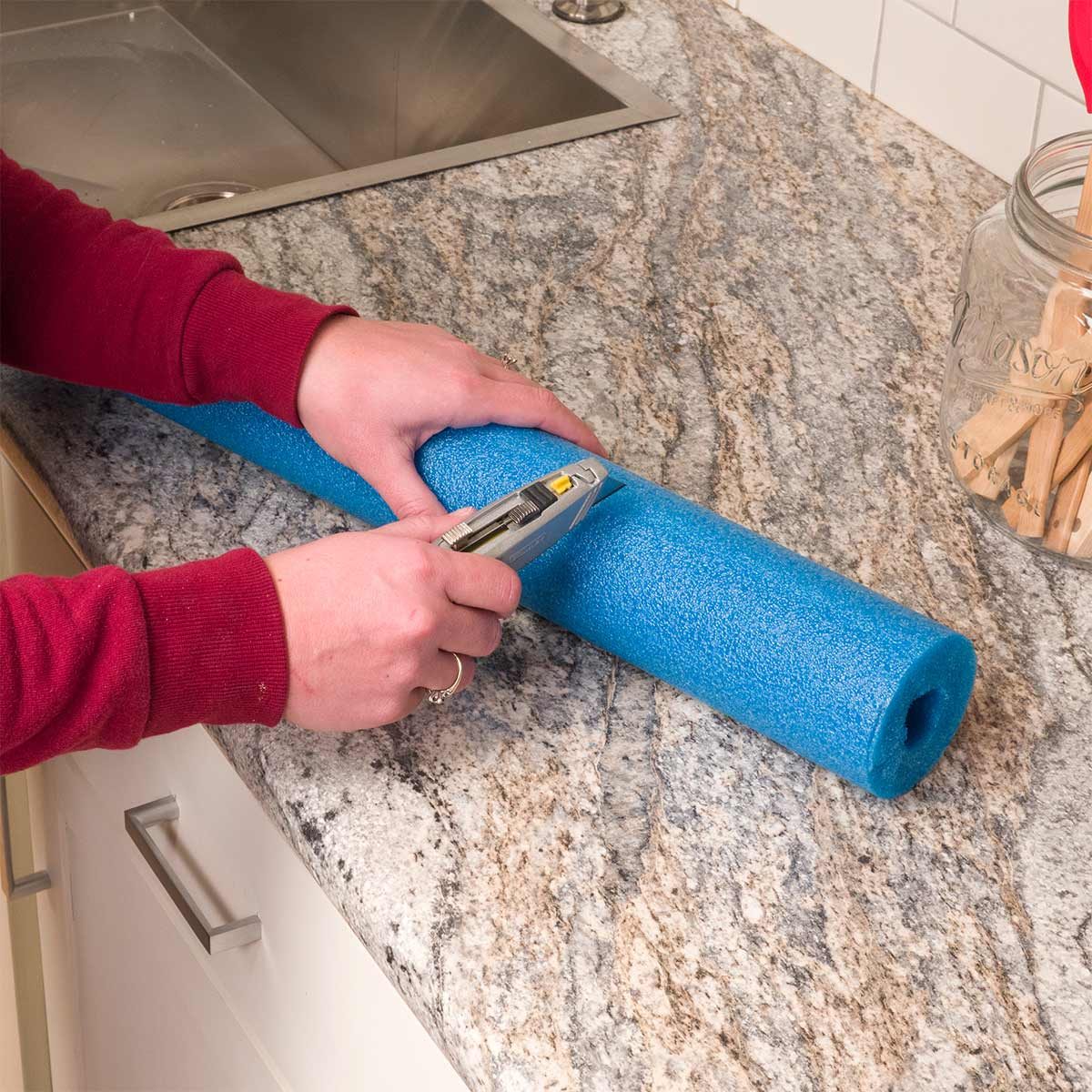 Family_Handyman's tweet card. Use a pool noodle inside a drawer. The pool noodle fits snuggly in place, so the drawer organizer doesn’t move around anymore.