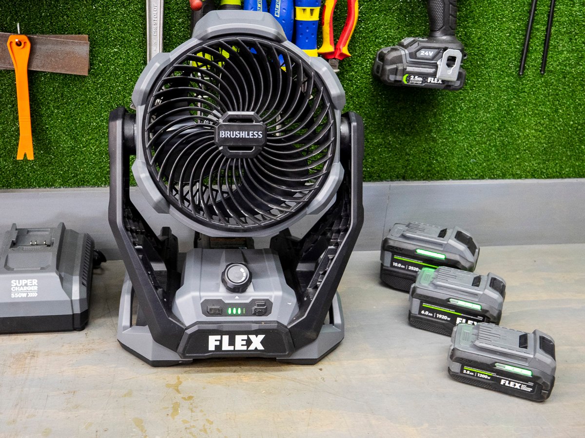 ShopToolReviews's tweet card. Get blown away by the FLEX Jobsite Fan delivering up to 1,100 from the brushless motor, powered by either a 24V battery or 120V cord.