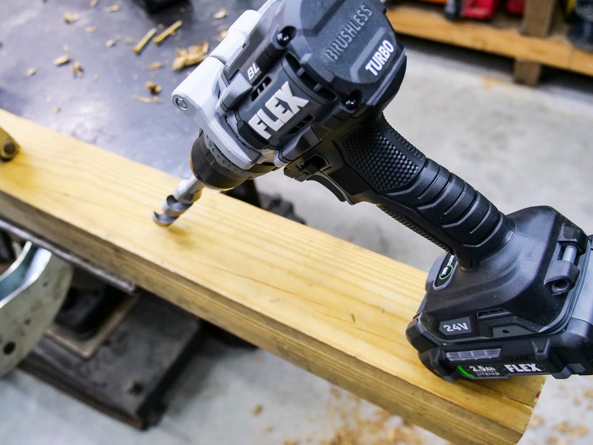 ShopToolReviews's tweet card. If you're looking for the biggest and baddest, then this FLEX FXM202 Hammer Drill and Impact Driver could be for you.