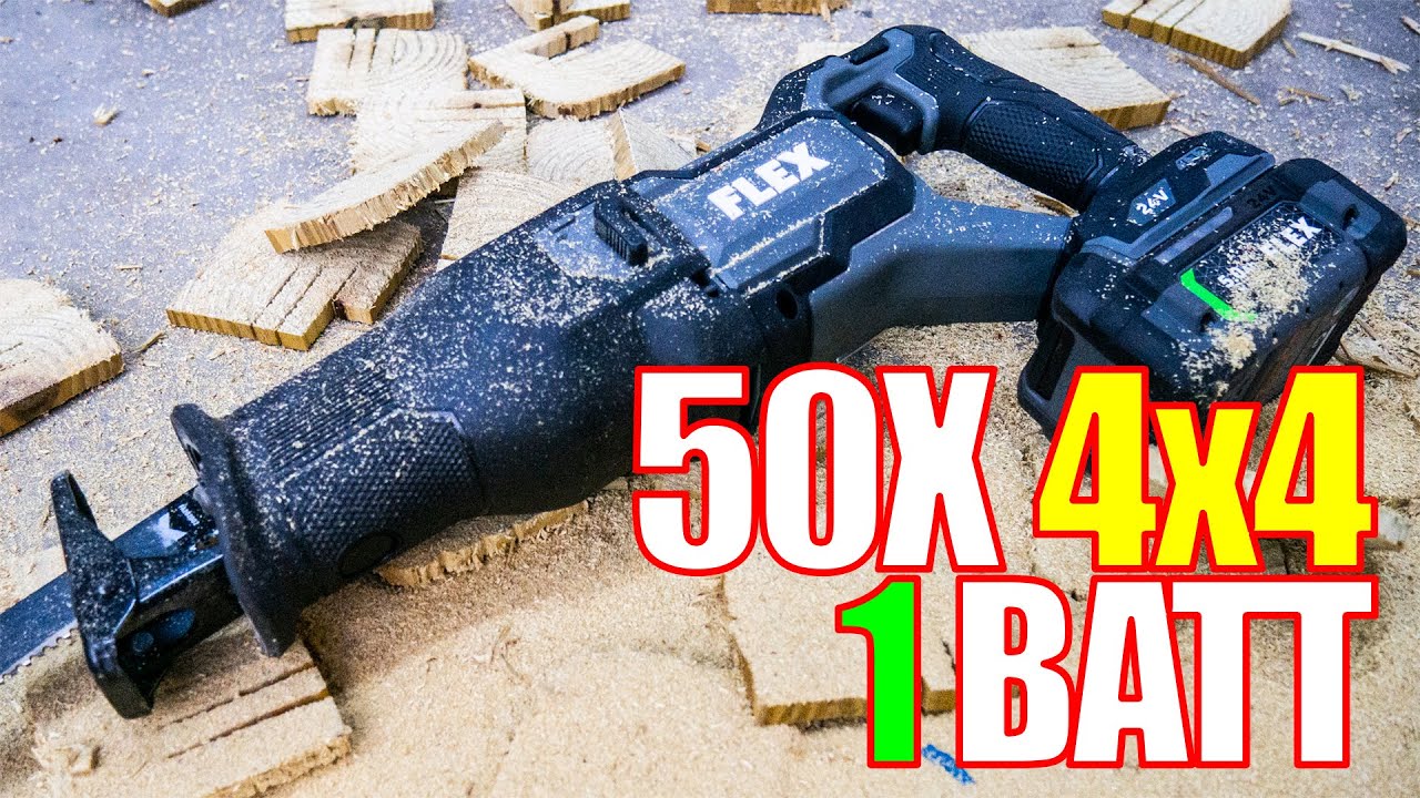 ShopToolReviews's tweet card. FLEX FX2271 24V Brushless Recip Saw Review [1 BATT 50 4x4 CUTS]