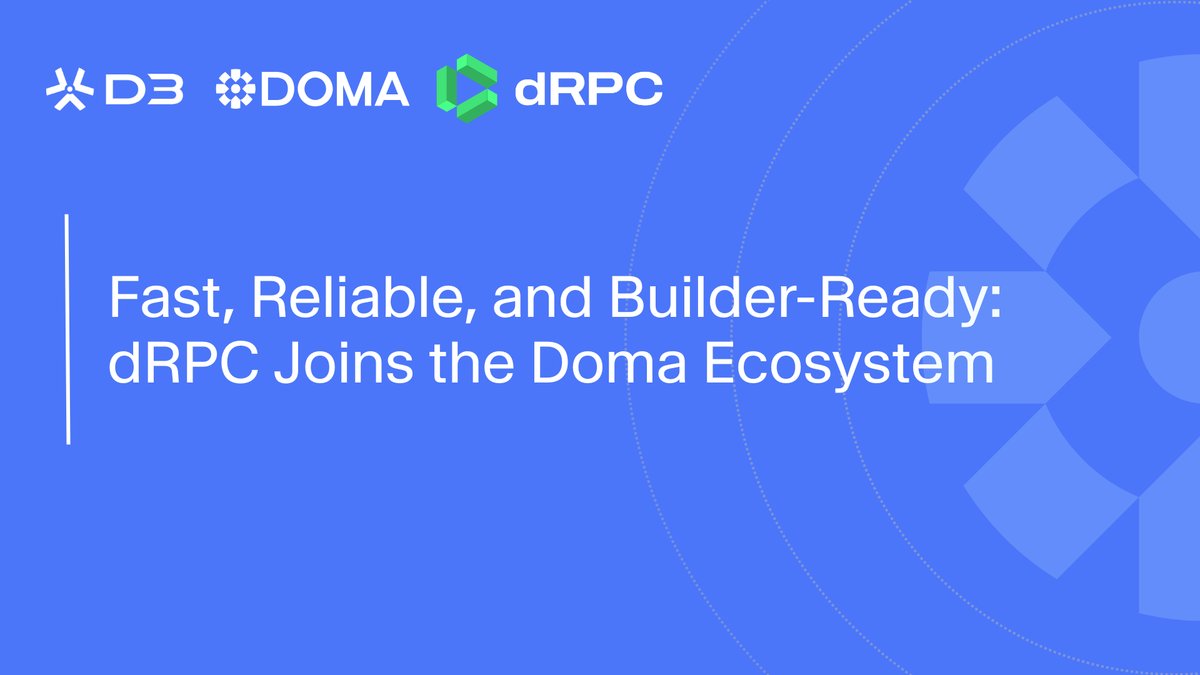 D3inc's tweet card. Fast, Reliable, and Builder-Ready: dRPC Joins the Doma Ecosystem dRPC via its NodeCloud platform is now live as an official RPC provider for the Doma Protocol  If you’ve been following Doma, you...