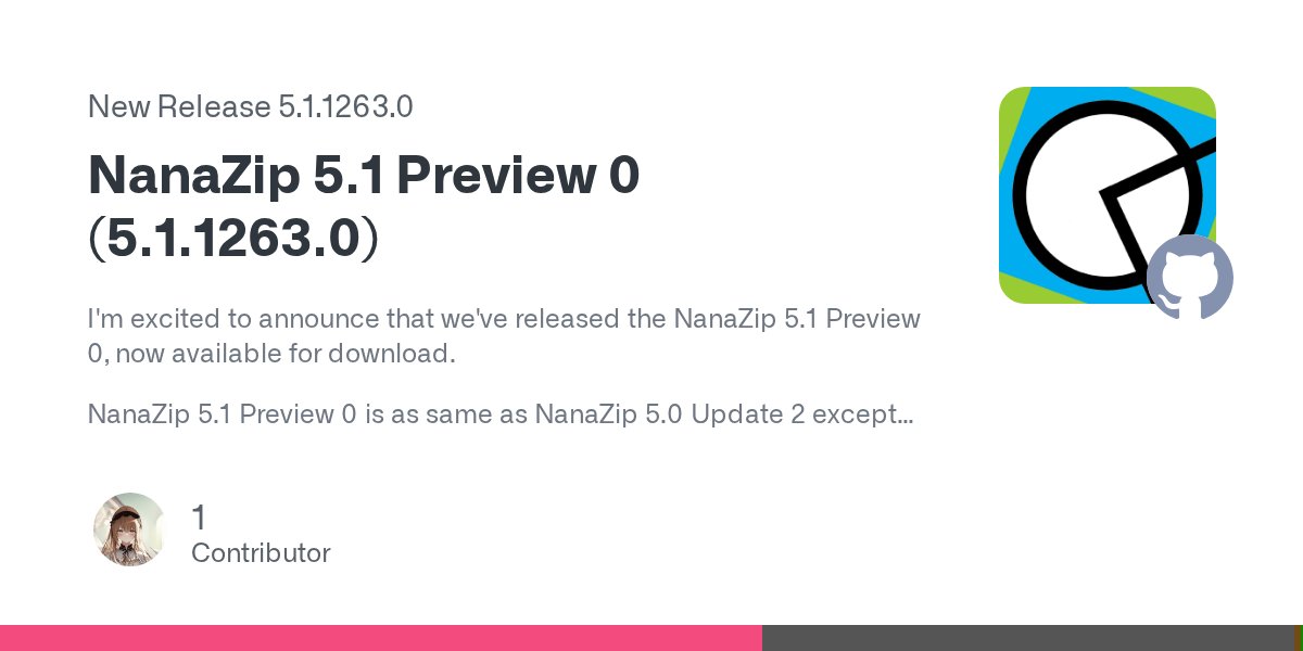 M2TeamOfficial's tweet card. I'm excited to announce that we've released the NanaZip 5.1 Preview 0, now available for download. NanaZip 5.1 Preview 0 is as same as NanaZip 5.0 Update 2 except for the version informatio...