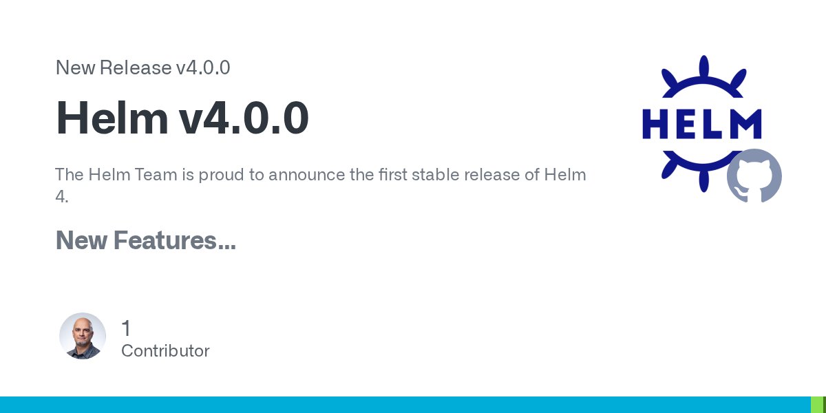 HelmPack's tweet card. The Helm Team is proud to announce the first stable release of Helm 4. New Features Helm 4 has numerous new features, but a few deserve highlighting here: Redesigned plugin system that supports We...