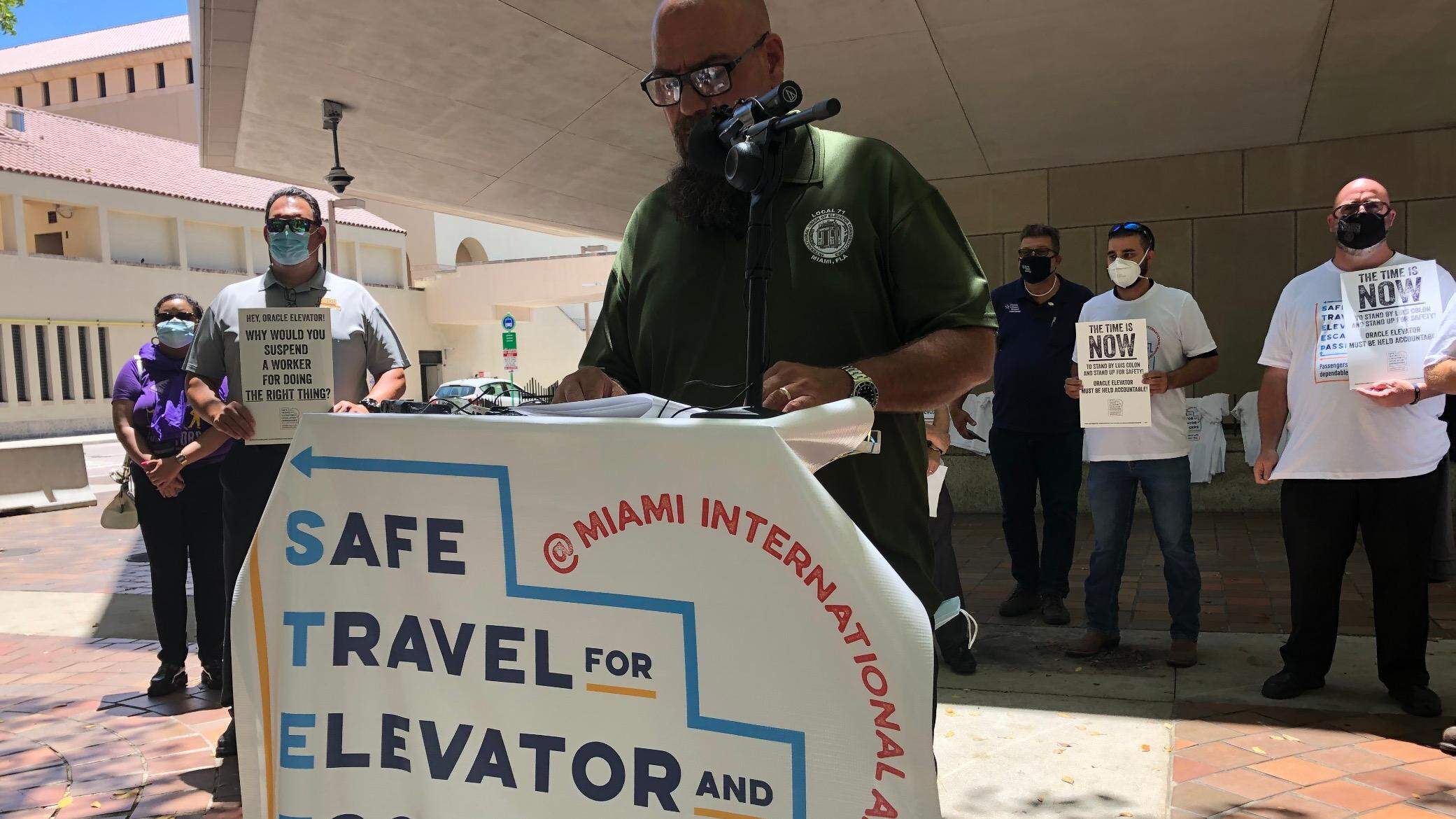 DemandSTEEP's tweet card. An elevator union has pushed Miami-Dade to fire Oracle over safety violations at MIA. The Levine Cava administration did. Oracle sues, claiming politics is at work.