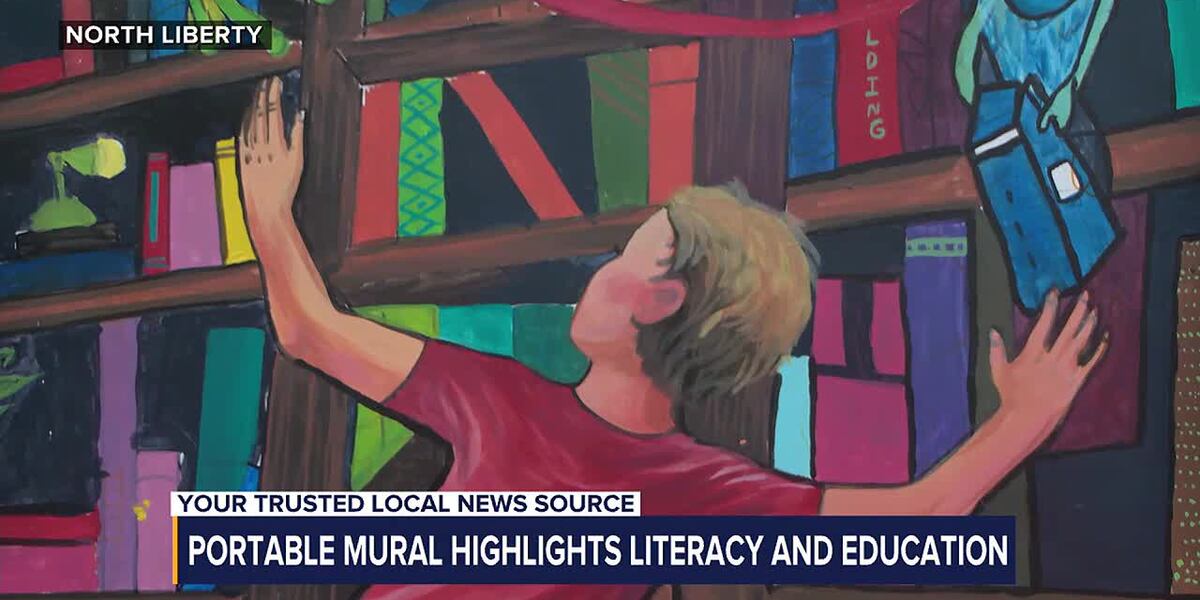 NLibertyLibrary's tweet card. North Liberty portable mural highlights literacy and education