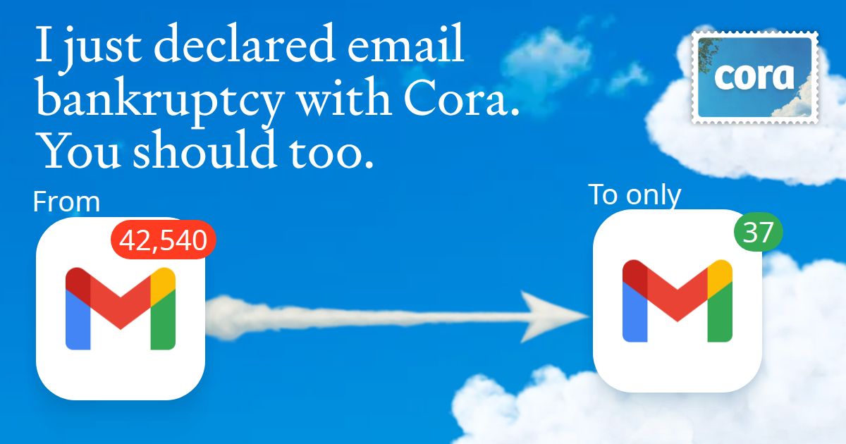 CoraComputer's tweet card. Archive the chaos and start fresh with a clean inbox. Clear years of email noise automatically.
