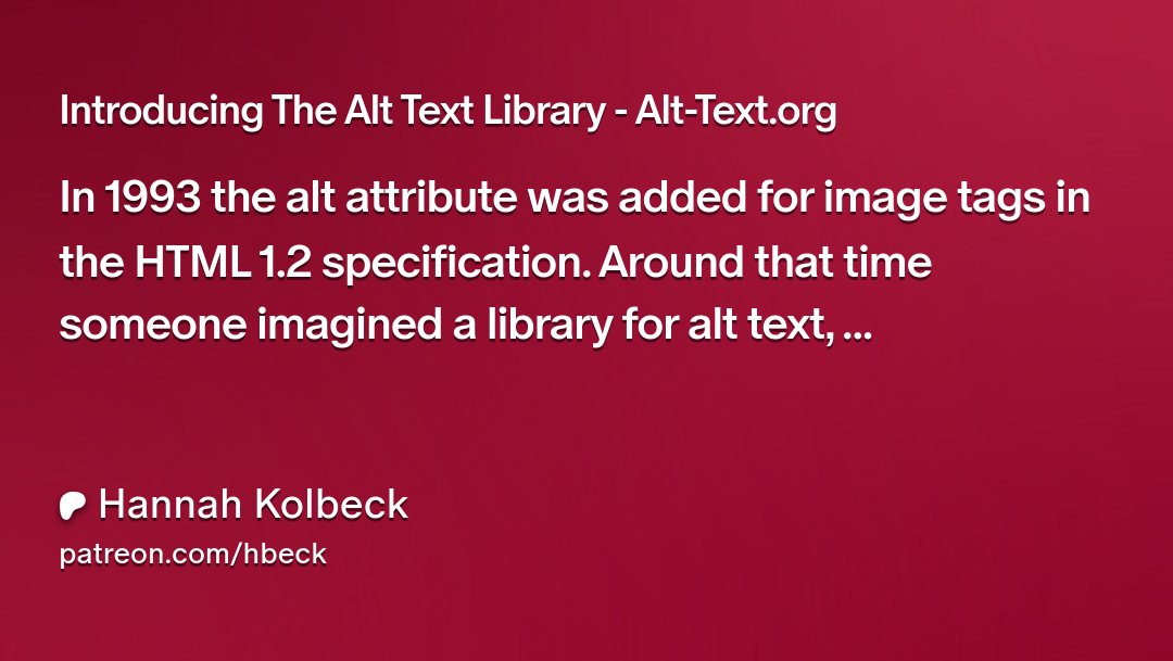 AltTextOrg's tweet card. Get more from Hannah Kolbeck on Patreon