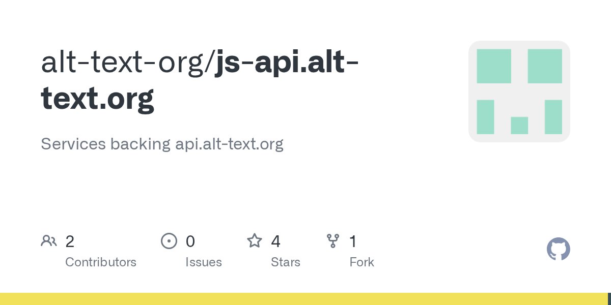 AltTextOrg's tweet card. Services backing api.alt-text.org. Contribute to alt-text-org/js-api.alt-text.org development by creating an account on GitHub.
