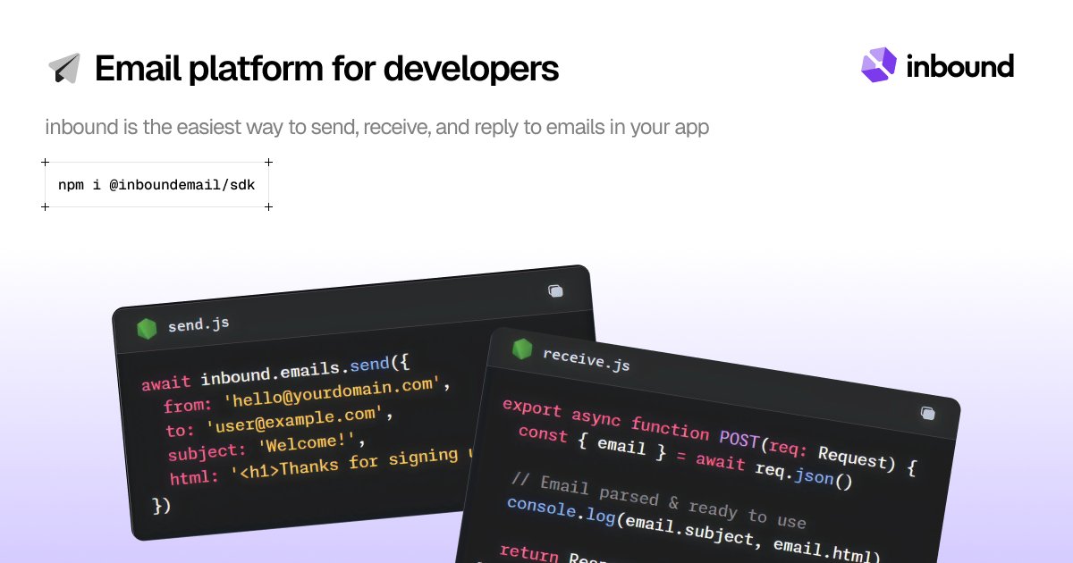inboundemail's tweet card. the modern email infrastructure platform for developers. receive, parse, and manage inbound emails with powerful apis, webhooks, and real-time processing.