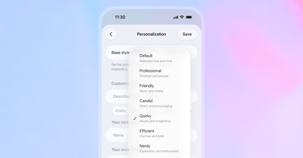 verge's tweet card. You can now toggle between Default, Professional, Friendly, Candid, Quirky, Efficient, Nerdy, and Cynical.
