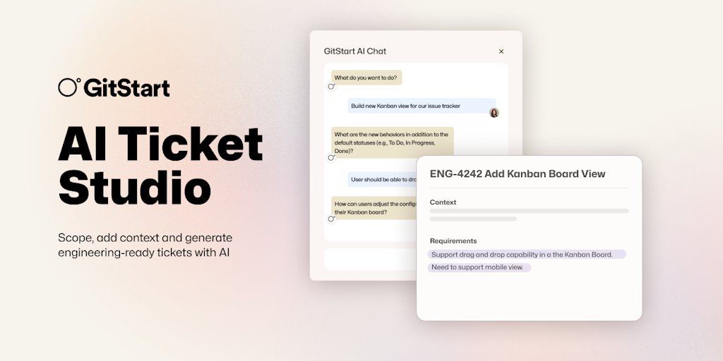 GitStart's tweet card. Assign tickets 📝, get back PRs 🚀, and only pay for code you merge 🙏. Behind the scenes, GitStart manages a mix of AI models and engineers, with PR going through multiple rounds of reviews and QA...