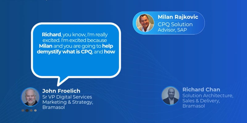 Bramasol's tweet card. Join experts from SAP and Bramasol for this webinar to learn how SAP CPQ bridges the front-end sales experience with the back-end operational and financial systems