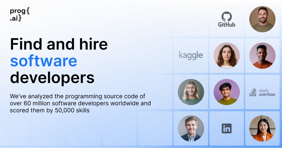 getprogai's tweet card. We’ve analyzed the entire GitHub, reviewing the source code of over 60 million software developers worldwide, and scored them across 50,000 skills.