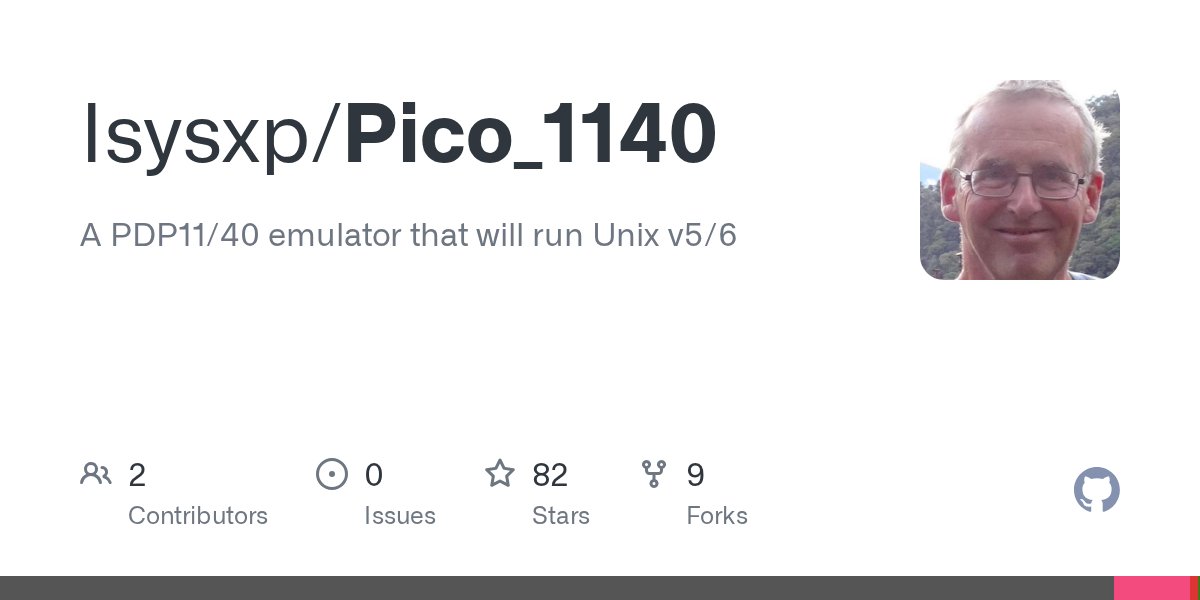 365tipu's tweet card. A PDP11/40 emulator that will run Unix v5/6. Contribute to Isysxp/Pico_1140 development by creating an account on GitHub.
