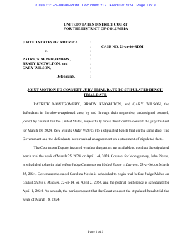 sfoguj's tweet card. Joint MOTION to Convert Hearing CONVERT JURY TRIAL DATE TO STIPULATED BENCH TRIAL DATE by USA as to PATRICK MONTGOMERY, BRADY KNOWLTON, GARY WILSON. (Nevin, Carolina) (Entered: 02/15/2024)