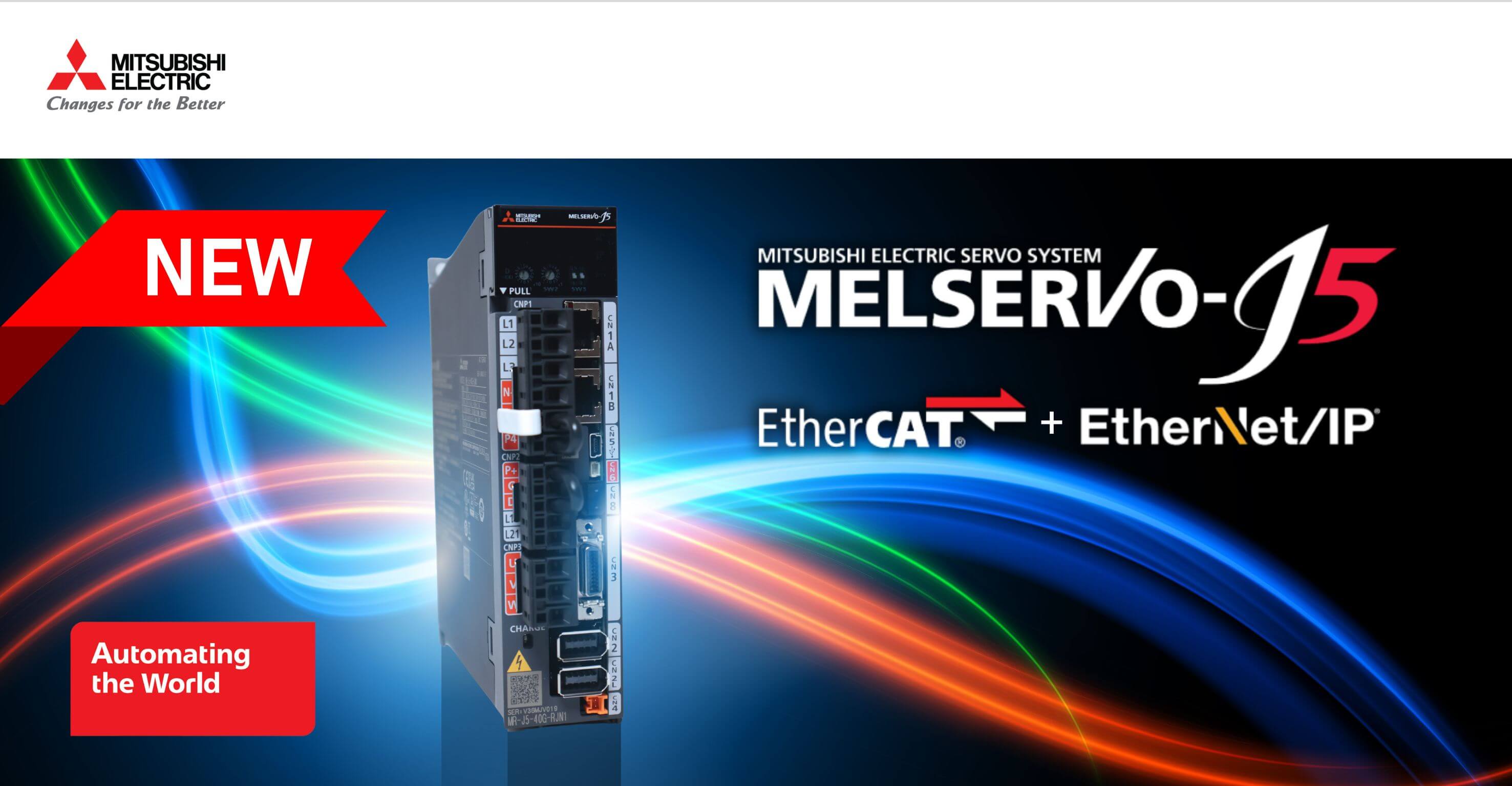 MitsubishiElect's tweet card. Mitsubishi Electric’s MELSERVO-J5 multinetwork servo series supports EtherNet/IP and EtherCAT to reduce total cost of ownership.
