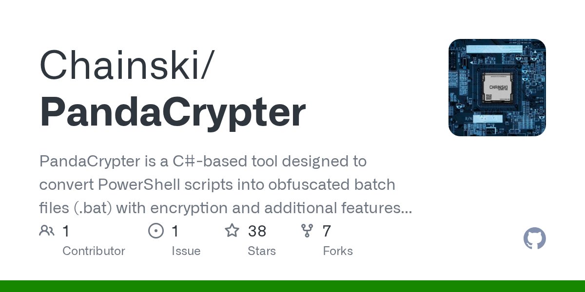 HackingTeam777's tweet card. PandaCrypter is a C#-based tool designed to convert PowerShell scripts into obfuscated batch files (.bat) with encryption and additional features for execution control. - Chainski/PandaCrypter