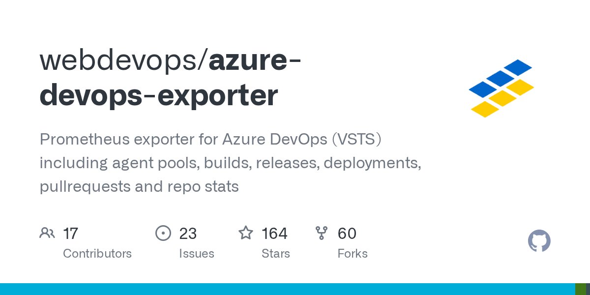 Cyber420I's tweet card. Prometheus exporter for Azure DevOps (VSTS) including agent pools, builds, releases, deployments, pullrequests and repo stats - webdevops/azure-devops-exporter