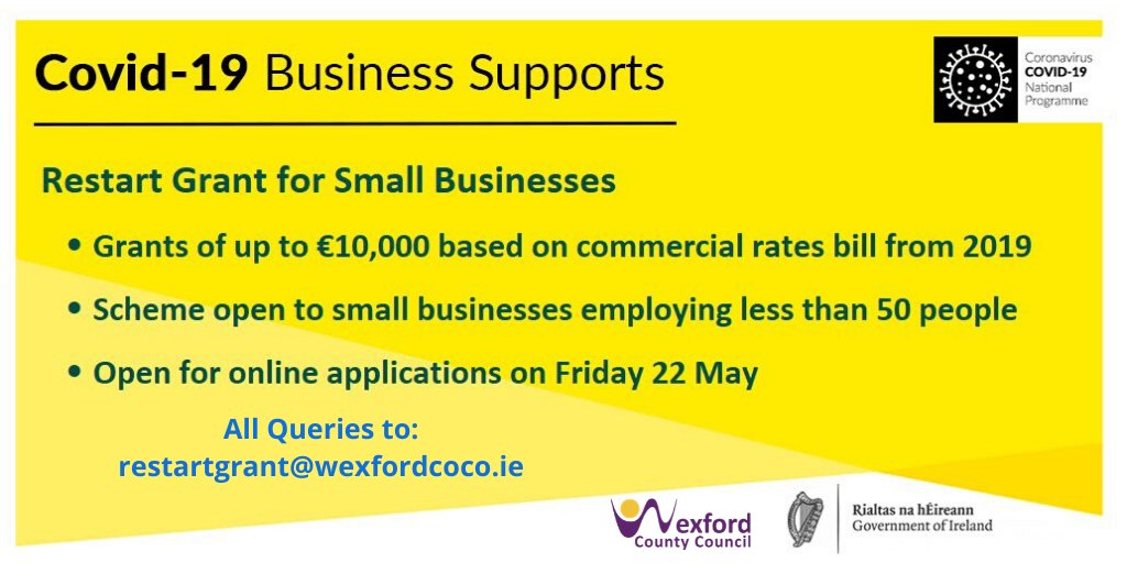 LEOwexford's tweet card. Restart Grant announced , An Post announce supports for small businesses, current updates on supports