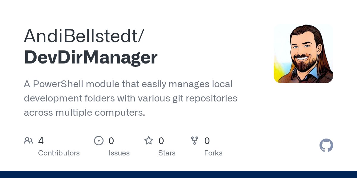 AndiBellstedt's tweet card. A PowerShell module that easily manages local development folders with various git repositories across multiple computers. - AndiBellstedt/DevDirManager