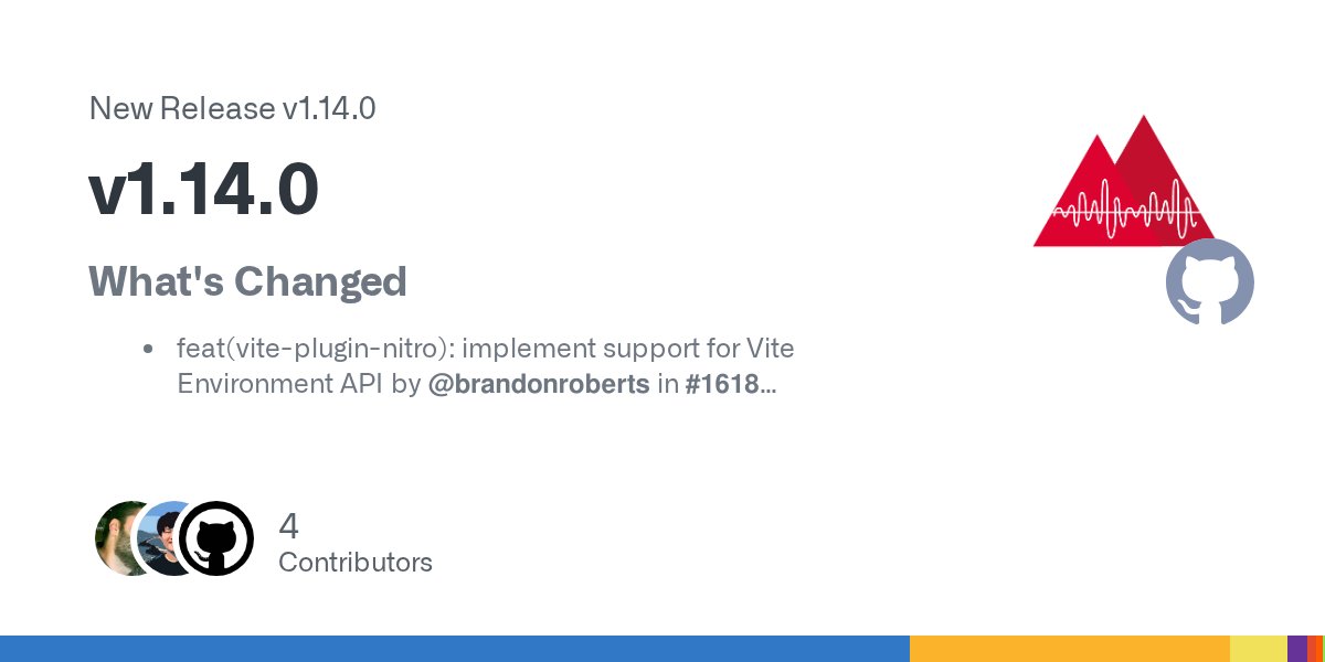 brandontroberts's tweet card. What's Changed feat(vite-plugin-nitro): implement support for Vite Environment API by @brandonroberts in #1618 docs: update version compatibility by @nikosanif in #1619 docs: add nikosanif as ...