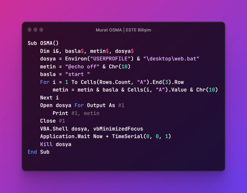 MuratOSMA1903's tweet card. Günlük olarak takip ettiğiniz web siteleri varsa, onların isimlerini #Excel'de A sütununda alt alta yazarsanız bu kodları kullanarak tek tıkla takip ettiğiniz tüm web adreslerini açtırabilirsiniz. 👍...