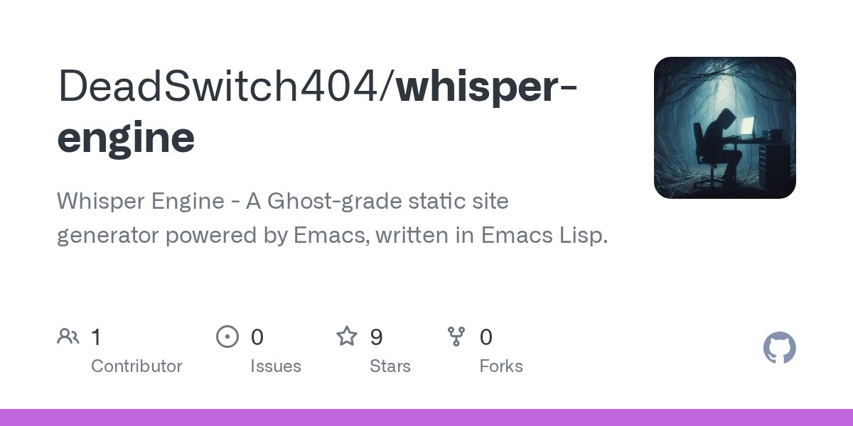 TomsItCafe's tweet card. Whisper Engine - A Ghost-grade static site generator powered by Emacs, written in Emacs Lisp. - DeadSwitch404/whisper-engine