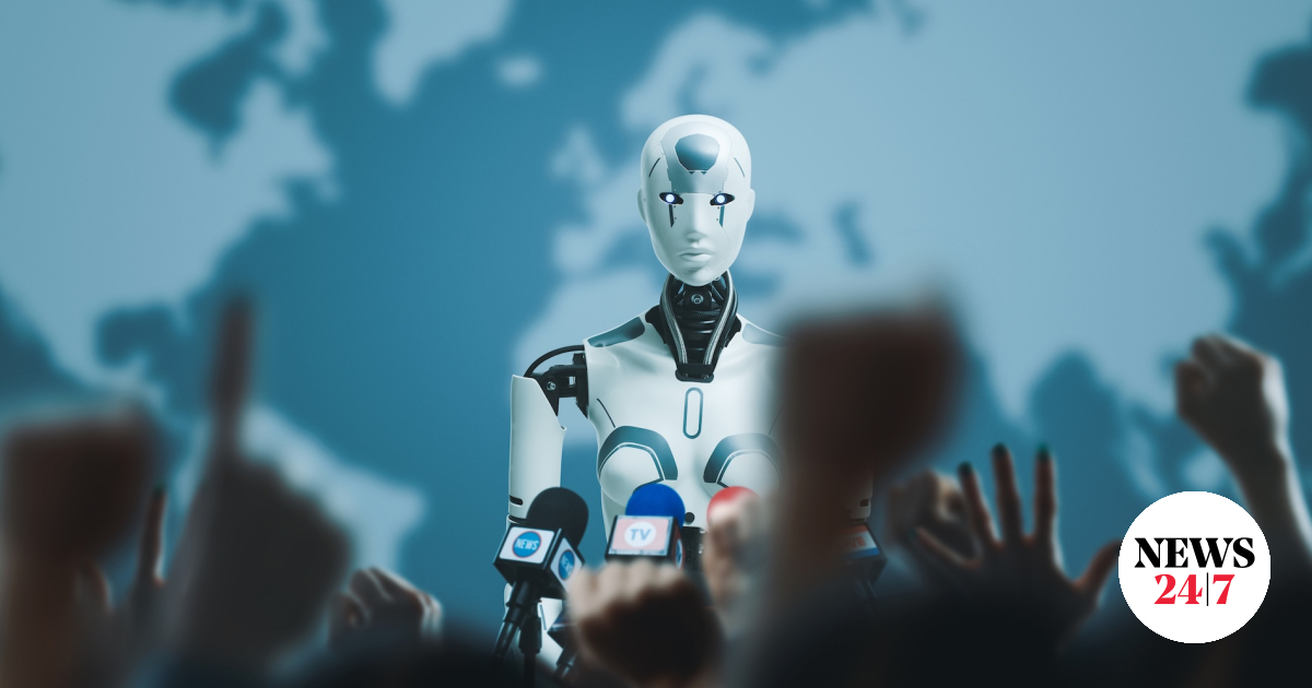 News247gr's tweet card. Ρομπότ με τεχνητή νοημοσύνη, έχασε την ισορροπία του και έπεσε στην σκηνή κατά την διάρκεια της πολυαναμενόμενης παρουσίασής του στην Ρωσία.