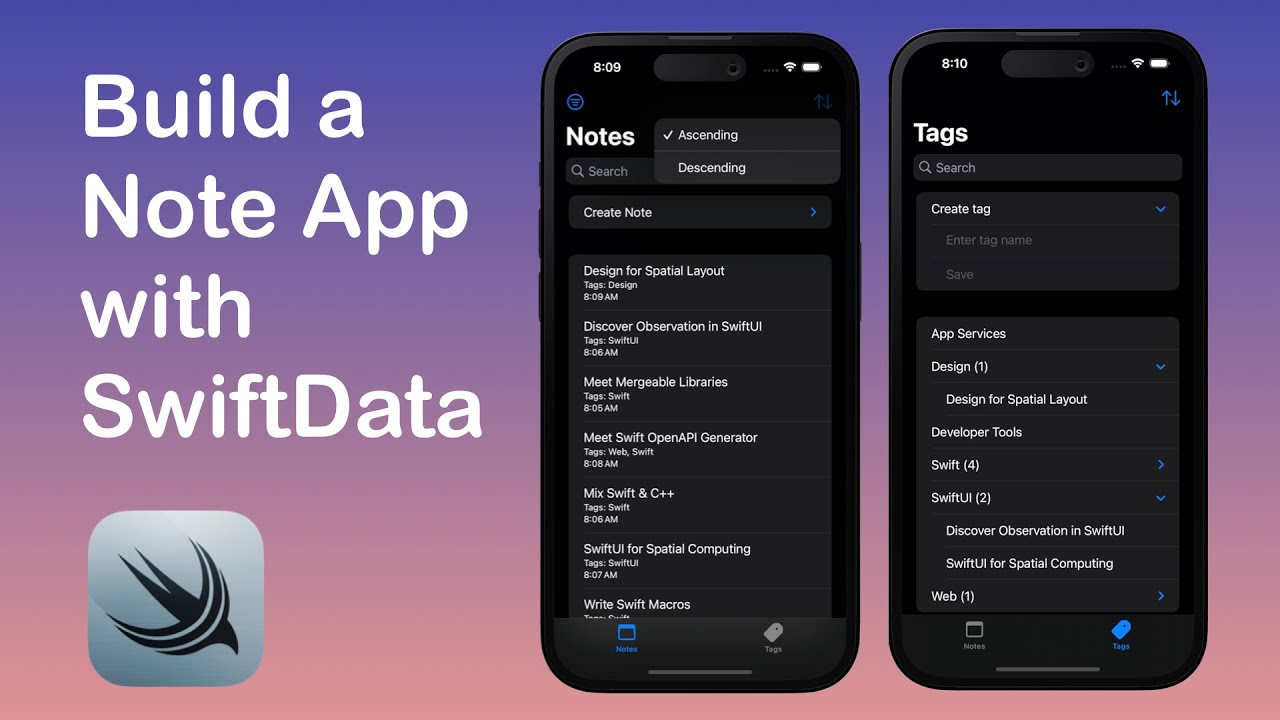 SwiftLibHunt's tweet card. SwiftData - Build a Note App with Many to Many Relationship Schema &...