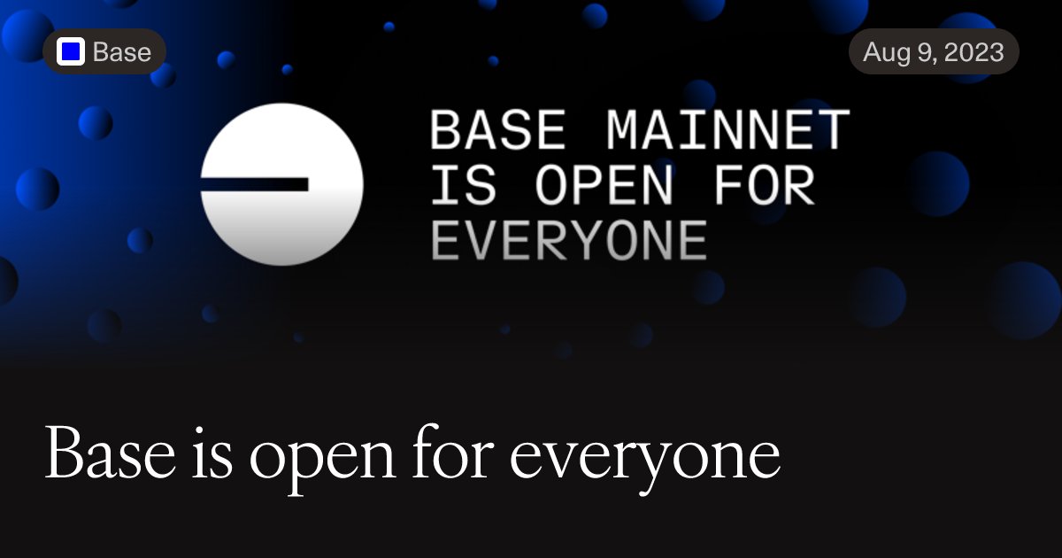 base's tweet card. By Jesse Pollak TLDR: We’re thrilled to announce that Base mainnet is now live and available for everyone. At launch, there are 100+ dapps and service providers available in the Base ecosystem, as...