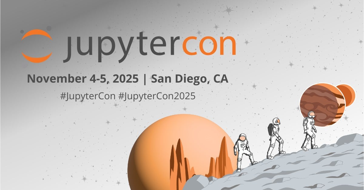 JupyterCon's tweet card. Discover the future of data science with hands-on training, visionary keynotes, innovative tools, and insights from top Jupyter contributors.