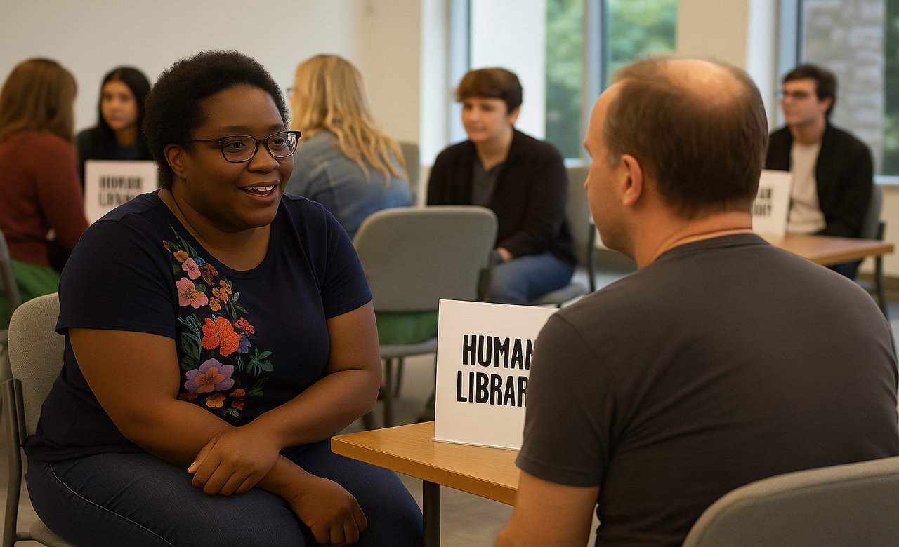 TheHumanLibrary's tweet card. The “human libraries” are becoming established as a new educational tool in the United States to learn directly from human sources.