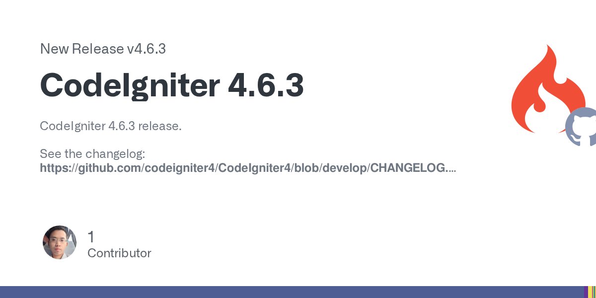 CodeIgniterPhp's tweet card. CodeIgniter 4.6.3 release. See the changelog: https://github.com/codeigniter4/CodeIgniter4/blob/develop/CHANGELOG.md Full Changelog: v4.6.2...v4.6.3