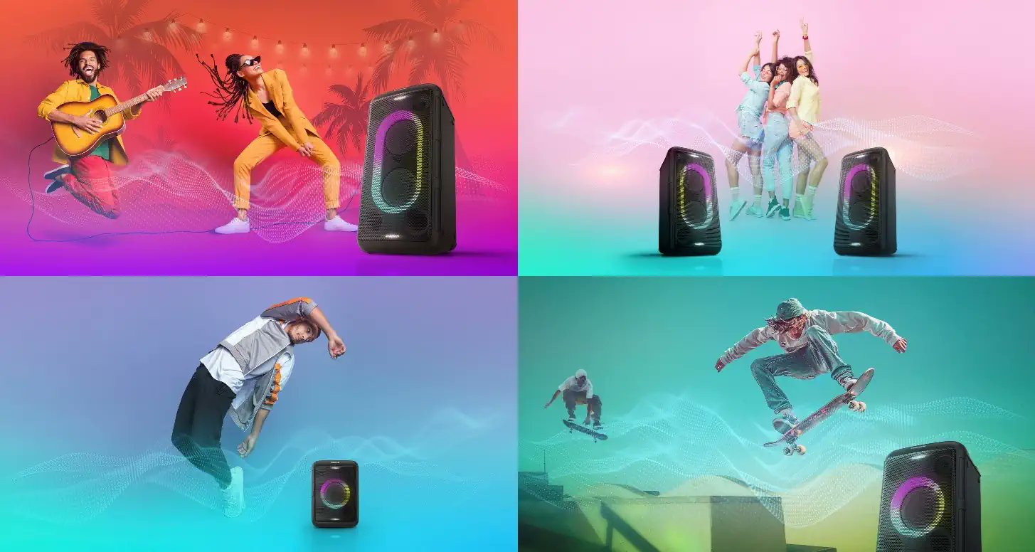 TechFuture_pl's tweet card. Panasonic BMAX10 i BMAX5 – przenośne głośniki party z akumulatorem do 15h, efektami LED, Bluetooth 5.0 i funkcją karaoke. Moc 150W i 75W.