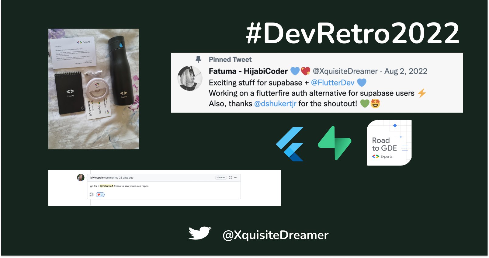 XquisiteDreamer's tweet card. Reflections on a tech journey in 2022, from setbacks to successes, freelance gigs, tech talks, and personal growth