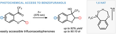 HelvChimActa's tweet card. Light-driven 1,6-hydrogen atom transfer (1,6-HAT)/cyclization of ortho-alkoxy trifluoroacetophenones enables the efficient synthesis benzofuranols with good diastereocontrol. These products can be...
